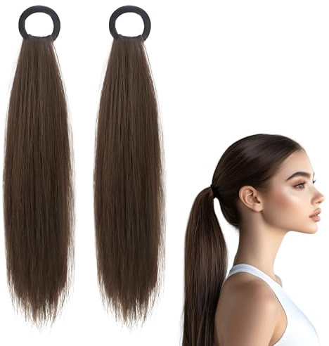 2 Stück Echthaar Zopf,Haarteil Zopf,Extensions Ponytail,Pferdeschwanz Extension Haarteile,Hair Braids Haarverlängerung,Haarzopf Clip Haarextension Verlängerung(Hellbraun)