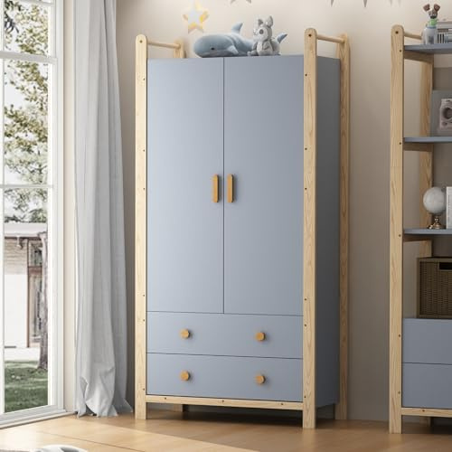 Aceinheu Kleiderschrank 2-türig Blau/Kiefer, 90x45x180cm, Schrank mit Kleiderstange & 2 Schubladen, Garderobenschrank für Schlafzimmer, Kinderzimmer & Flur, Platzsparend
