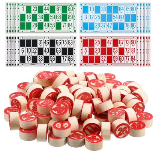 EAVUYIS Juegos de Bingo Lotería 48 Cartones y 90 fichas de 2 Caras y Caja Almacenamiento de Madera para Navidad