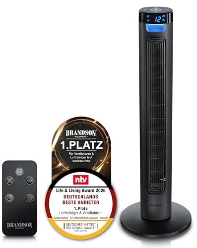 Brandson - Turmventilator mit LED Display - Ventilator mit Kühlung - Fernbedienung - Sieger Ventilatoren und Luftkühler 2026 - sehr leise – 3 Geschwindigkeitsstufen – Oszillation - Standventilator