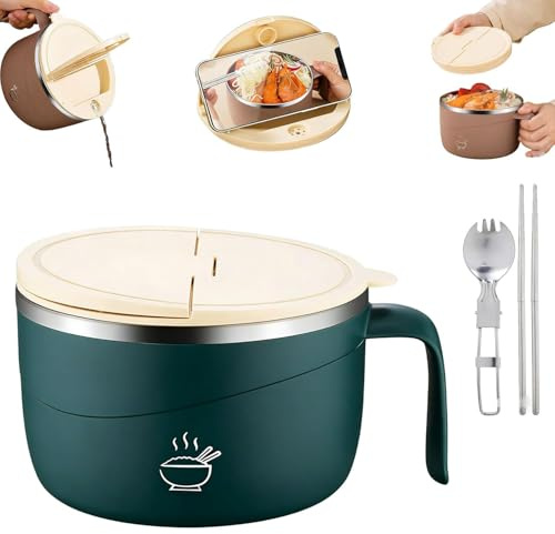 1200ml Noodle Bowl with Lid Ramen Bowl Set with Spoon Chopsticks,Stainless Steel Multi-Purpose Anti-Scald Large-Capacity Instant Bowl,BPA Free Instant Serving Bowl,Portable Salad Pasta Bowl (Green)
