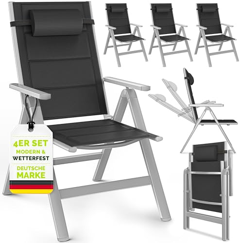 tillvex® Gartenstuhl Hochlehner 4er Set mit Armlehnen & Kopfkissen | Klappstuhl 7-fach Verstellbar inkl. Polsterung | Campingstuhl Klappbar, Wetterfest & Atmungsaktiv | Gartenstühle Aluminium