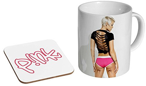 P!nk Kaffeebecher + Untersetzer aus Keramik, rosa Tattoos