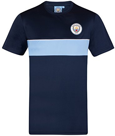 Manchester City FC Official Gift Mens Crest Poly T-Shirt Navy Sky Blue XL