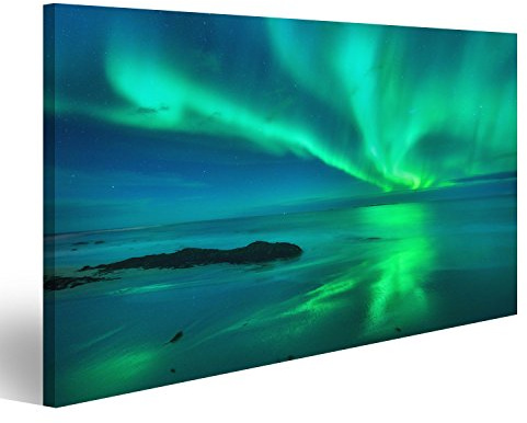 islandburner Bild Bilder auf Leinwand Aurora auf dem Meer. Nordlichter in Lofoten-Inseln, Norwegen. Sternenhimmel mit Polarlichtern. Nacht Wandbild, Poster, Leinwandbild JTW