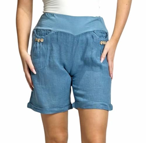 Mississhop 293 Damen Leinenshorts Bermuda lockere Kurze Hose Freizeithose 100% Leinen Shorts mit DREI Knöpfen Sommer Strand Jeansblau M