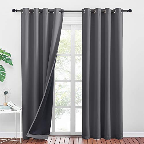 PONY DANCE 100% Blackout Double-Layer Curtains with Liner - Thermal Insulated 52x95 Inch Long Curtains for Bedroom Living Room, Energy Energy & Noise Reducing, Grey Grommet Blackout Drapes, 2 Panels