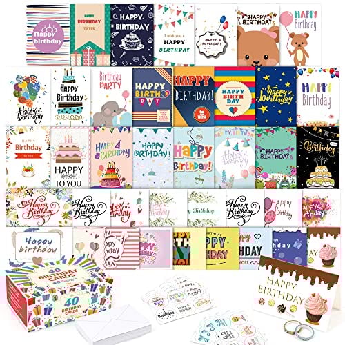 Feela Geburtstagskarten, 40 Geburtstagskarte lustig mit 40 Umschlägen, 48 Aufklebern, 2 Washi Tapes, Geburtstagskarte für Frau, Mann und Kinder, Geburtstagskarten set mit Umschlag, Karte Geburtstag
