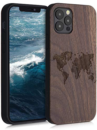 kwmobile Hülle kompatibel mit Apple iPhone 12 / iPhone 12 Pro Hülle - Holz Case - Handy Cover - TPU Handyhülle in Dunkelbraun Travel Umriss