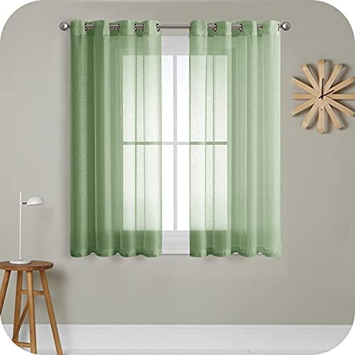 MRTREES Voile Gardinen Vorhang halbtransparent kurz mit Ösen in Leinenoptik Stores Gardinen Schals für Wohnzimmer Schlafzimmer Kinderzimmer Olivgrün 137×140cm (H×B) 2er Set
