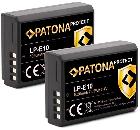 PATONA LP-E10 Protect Lot de 2 batteries de rechange, 1020 mAh, compatibles avec Canon EOS 1100D 1200D 1300D 2000D 4000D Rebel T3 T5 T6 T9 EOS Kiss X50 X70 X80 1D X Mark 1D X Mark II EOS2000d LP