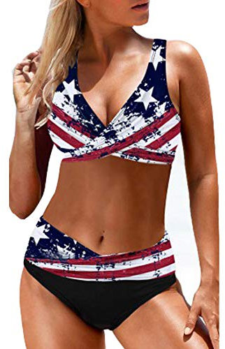 SOMTHRON ensemble Bikini femme deux pièces ensemble Bikini drapeau américain drapeau américain rayure drapeau américain avant attaché Sexy Bikini ensemble