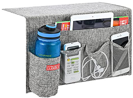 Zafit Linen 5 Pockets Bedside Caddy, Bedside Storage Organizer with Water Bottle Holder for Magazine, Remotes, Phone (Grey)