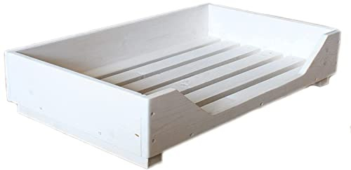 Dekorie Hundebett aus Holz für kleine/mittlere/große Hunde - 60-110 x 40-60 cm - Farbe: Weiß - Hundekorb/Hundesofa/Katzenbett aus Massivholz (XXS, Weiß)