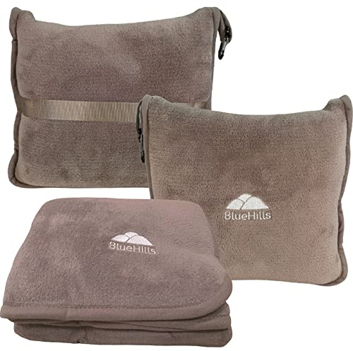 BlueHills Hochwertige weiche Reisedecke, Kissen, Flugzeug-Flugdecke, Überwurf in weicher Tasche, Kissenbezug mit Gepäckgürtel und Rucksackclip, kompakte Packung, große Decke, Taupe T023