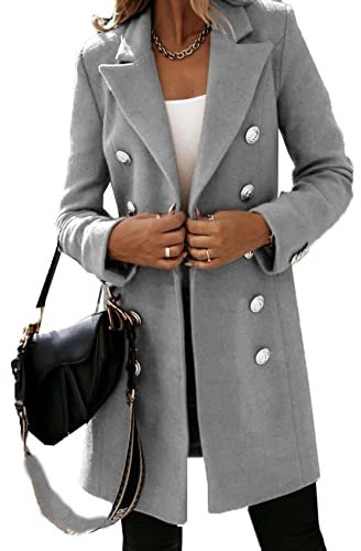 WJANYHN Autumn and Winter Leisure Exquisite Fashion Long-Sleeved Suit Collar Double-Breasted Nizi Jacket Windbreaker Coat Women Grey