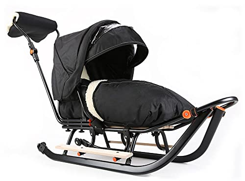 Teo & Gigi Rodelschlitten mit Rückenlehne | Davoser Schlitten mit Sicherheitsgurt und Winterfußsack | Baby Kinder Schlitten | Made IN EU | All Seasons Plus | schwarz