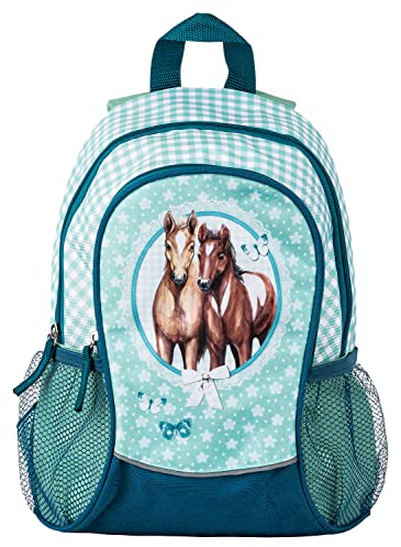 Mädchen Rucksack Kinder Pferde Kindergartenrucksack Pferd mit großen Fächern und Getränkenetz - 4 Liter - 35 x 27 x 15 cm, türkis