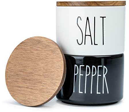 Heartland Home Cuencos de cerámica para sal y pimienta. Salero de doble soporte con tapa. Juego de recipientes apilables de sal en blanco y negro. Salero, cuenco de pimienta, 2 tapas herméticas de
