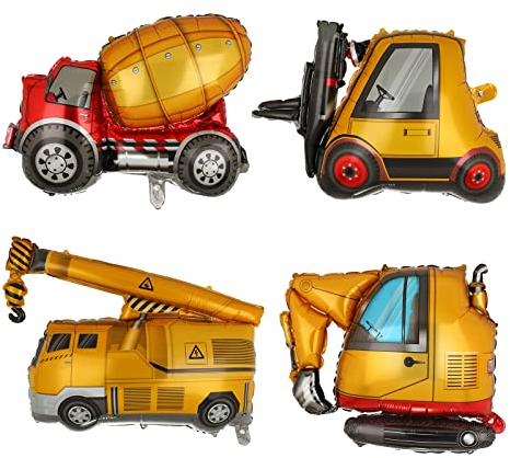 4 Stück Groß Baustelle Baufahrzeuge Luftballon Riesen Bagger Ballon Mylar Gabelstapler Kran Betonmisch LKW Helium Folienballons BAU Kindergeburtstag Party Deko Lieferungen Jungen Gelb
