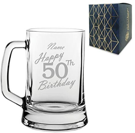 Personalised Engraved Tankard Beer Mug Stein Happy 50th Birthday Handwritten Design Gift Boxed, 16.75oz/495ml Classic Beer Glass, Any Name, Engraved in The UK