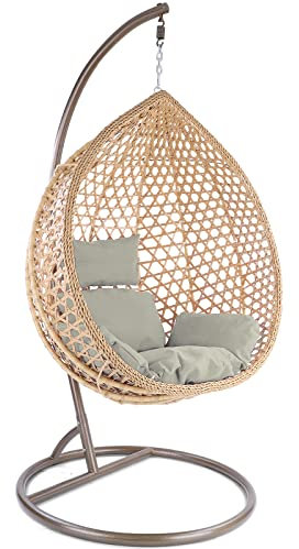 RAMROXX Luxus Hängesessel Style XXL Polyrattan Korb beige Gestell braun Kissen hellgrau