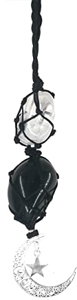 White Crystal Obsidian Stone Cute Car Hanging Accessories for Women and Men,Hanging Car Interior Charm Ornaments with Moon and Star