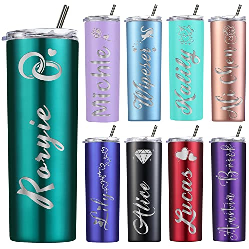 Vasos personalizados con tapas y popotes, vaso delgado grabado personalizado con nombre, vaso aislado de 20 onzas, regalo para mujeres, acero inoxidable de doble pared