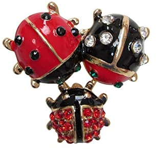 Broche bijou triple coccinelle rouge et noir, acier doré.