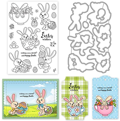 ORIGACH Osterhasen Stanzschablonen und Stempelset Für Die Kartenherstellung, Teetassen Kaninchen Stanzformen Und Stempel Set Für DIY Scrapbooking, Album, Dekorative