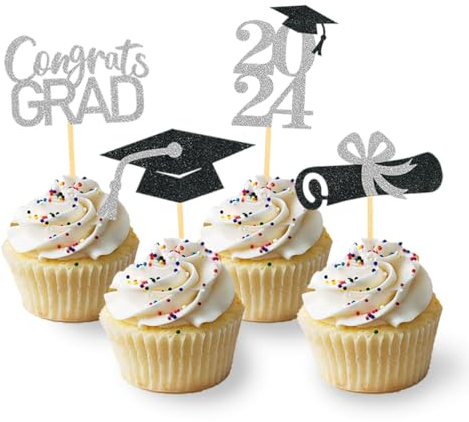 24 Stück Glitzer 2025 Graduation Cupcake Toppers, Abschlussfeier Cupcake toppers, Bachelor Hut Deko, Abschluss Deko für Graduation Abschlussparty Dekoration (schwarz & silber)