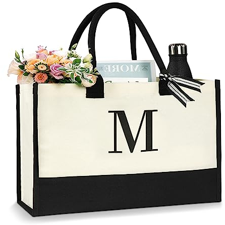 Aucuu Bolso De Playa, Grande Impermeable Con Cremallera Bolso De Hombro, Bolsa De Playa De Lona Inicial Personalizada, Bolsa De Asas De Regalo Monogramada Para Las Mujeres-Letra M