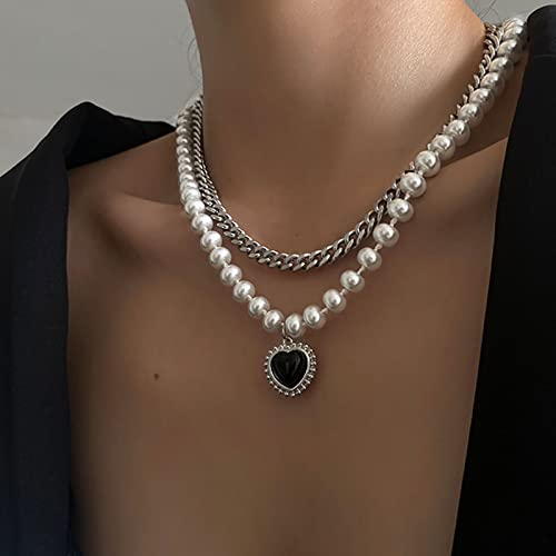 Wendalern Geschichtet Perle Halsband Halskette Schwarz Kristall Herz Anhänger Halskette Faux Perle Kette Liebe Herz Halskette Vintage Silber Perle Kragen Halskette Schmuck Für Frauen Mädchen
