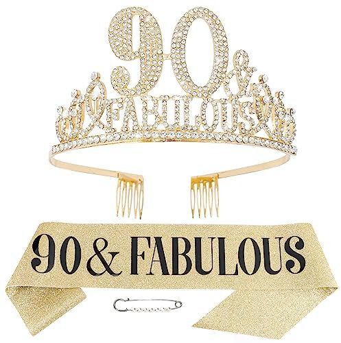 90th Birthday Decorations for Women, 90th Birthday Sash and Tiara for Women, Happy 90 and Fabulous Birthday Decorations