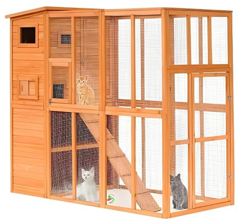InTheMarket Cat Camp with a large run, fully enclosed, multi-tier house, solid construction, asphalt roof | 190 * 84 * 175cm / 6ft 3in * 2ft 9in * 5ft 9in | 1 Year Warranty