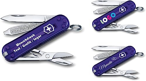 Taschenmesser CLASSIC SD mit Wunschdruck auf der Schale I Geschenk für Männer Frauen I Geschenke zum Geburtstag I Schweizer Taschenmesser personalisiert 7 Funktionen 0.6223 (lila transparent)
