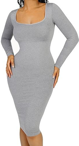 FeelinGirl Robe Sculptant Femme Col en Carrée avec Soutien-Gorge Amovible Jupes Gainante Manches Longues (Gris,XL/XXL)