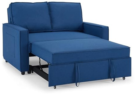 Home Detail Pull Out Sofa Bed Two Seater SofaBed Upholstered Settee in Linen Fabric Grey or Blue (Blue Linen)