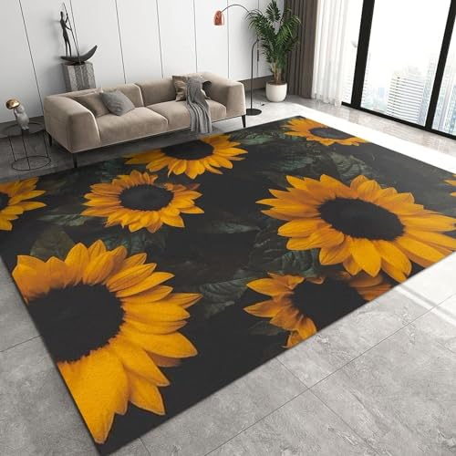 BEIGGA Gelbe Sonnenblumen-Grün-Blätter Indoor-Teppich, Landhausstil Großer Teppiche - für Schlafzimmer Wohnzimmer KüChe Badezimmer Eingangsbereich Heimdekoration,180 x 240 cm