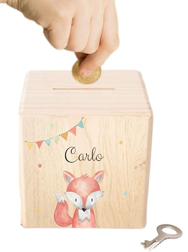 wunderwunsch - Personalisierte Spardose Kinder aus Holz mit Metallschloss - Spardose mit Namen mit kinderfreundlichem UV-Druck zum Sparen für Kinderträume