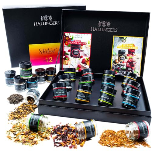Hallingers Selection - 12 Sorten Tee Geschenkset mit Organizer, vegan & glutenfrei in Schraubgläsern (Set) - Geschenkideen Weihnachten & Geschenke Adventskalender | Geburtstag Glückwunsch Genesung Dan