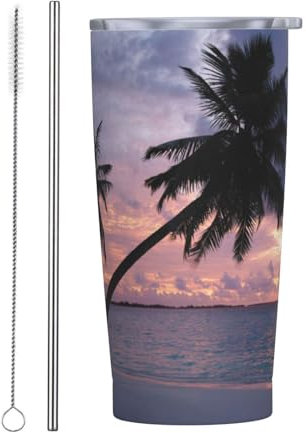 20oz Car Straw Cup,Tropical Palm Tree Stainless Steel Mug, Travel Insulated Cup,Portable Men'S And Women'S Coffee Cups, Cup Holder Friendly Kettle,For Fitness, Travelling, Outdoor Sports