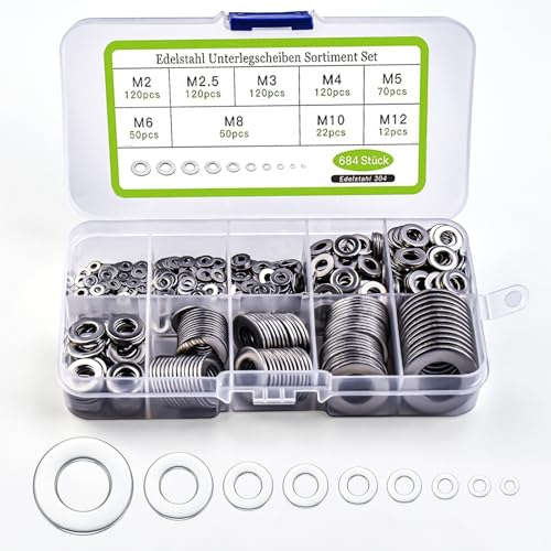Czwander Set di Rondelle in Acciaio Inossidabile, Assortimento di Rondelle Piatte da 684 Pezzi, con Scatola di Assortimento. Totale 9 Diverse Dimensioni M2 M2.5 M3 M4 M5 M6 M8 M10 M12