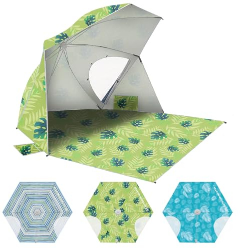 OutdoorMaster Pop Up Beach Umbrella, Portable Tent Shelter, Beach Shade Sun Canopy with UPF 50+ UV Protection, Extendable Floor with Carrying Bag - Golden Amber