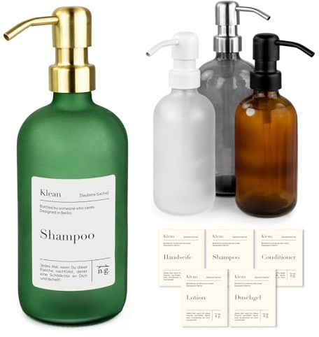 Natural Goods Berlin Seifenspender mit Etiketten KLEAN transparent grün Ø 6 x 18 cm - 250ml mit Edelstahl-Pumpkopf in Gold/hochwertiger & nachfüllbarer Seifenspender für Küche & Bad