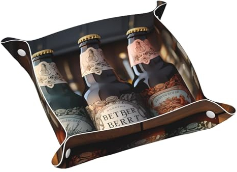BROLEO 3 Bierflaschen-Drucke, doppelseitiges Leder-Ablagetablett, leicht zu reinigen, für ordentliche Schlüssel, Uhr, Make-up und andere kleine Gegenstände. Größe M