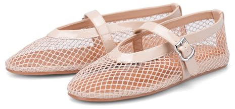 Adrizzlein Mesh Ballet Flats for Women Fishnet Ballerina Flats Buckle Strap Mesh Ballet Shoes Wide Width Casual Summer Dress Flat Shoes, Nude, 7 UK