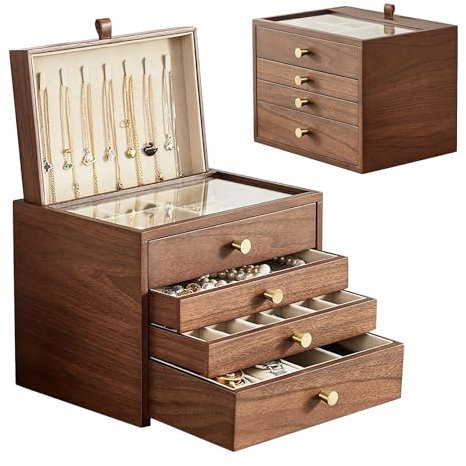 Baolivi Schmuckkasten aus Holz für Schmuckaufbewahrung, Massivholz Schmuckkästchen Schmuckbox Holz mit Glasabdeckung und Halskettenhalter, 4 Ebenen Schmuckschatulle Groß für Ringe, Halskette