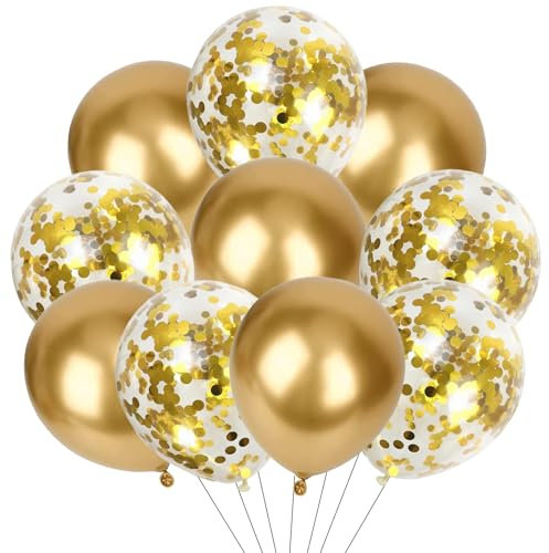 Luftballons Gold, 10 Stk Metallic Goldene Luftballons Geburtstag, Konfetti Ballons Gold, Konfetti Luftballons für Geburtstag, Babyparty, Jubiläum, Graduierung, Neujahr, Karneval, Goldene Hochzeit Deko