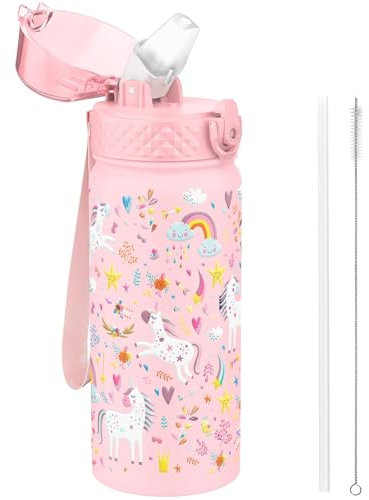 NUZBCPETR Borraccia termica for bambini, acciaio inossidabile doppio, anti-perdita, materiale infrangibile, senza BPA(Pink Unicorn,550ml/18oz)
